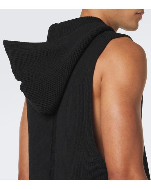 Rick Owens Black Hooded Ribbed-Knit Virgin Wool Tank Top for men
