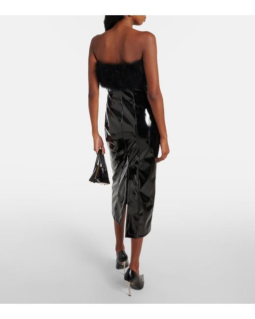 Blumarine Black Feather-Trimmed Faux Leather Midi Dress