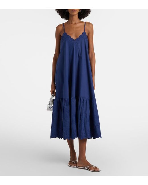 Juliet Dunn Blue Embroidered Cotton Midi Dress