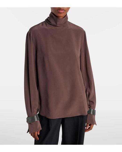 Blusa De Seda Con Cuentas Monili Brunello Cucinelli de color Brown