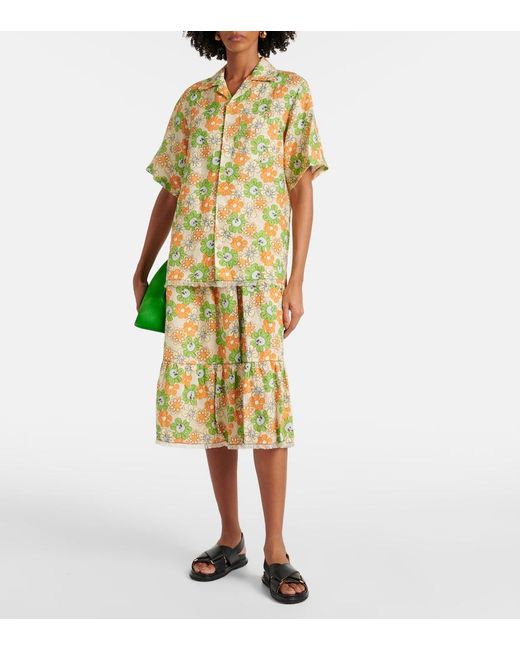 Marni Multicolor Floral-Print Organic Linen Midi Skirt