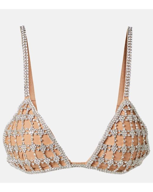 Self-Portrait Natural Crystal-Embellished Mesh Bra Top