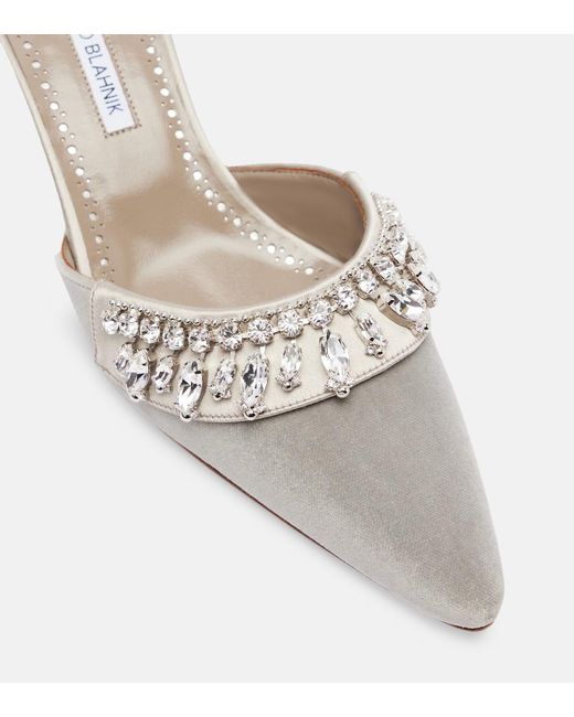 Manolo Blahnik White Tulipe 50 Embellished Velvet Mules