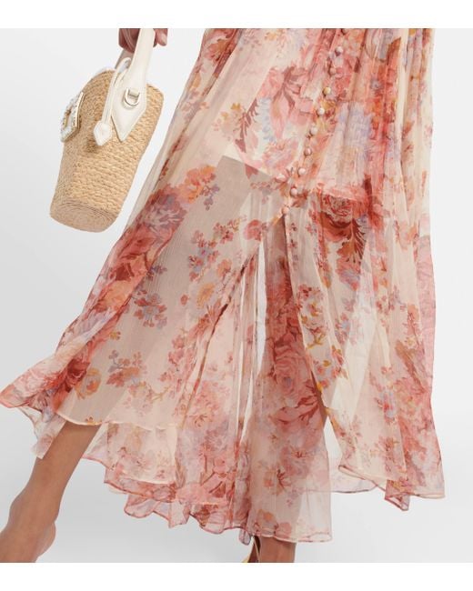 Zimmermann Pink Devi Gathered Floral-print Silk-chiffon Midi Dress
