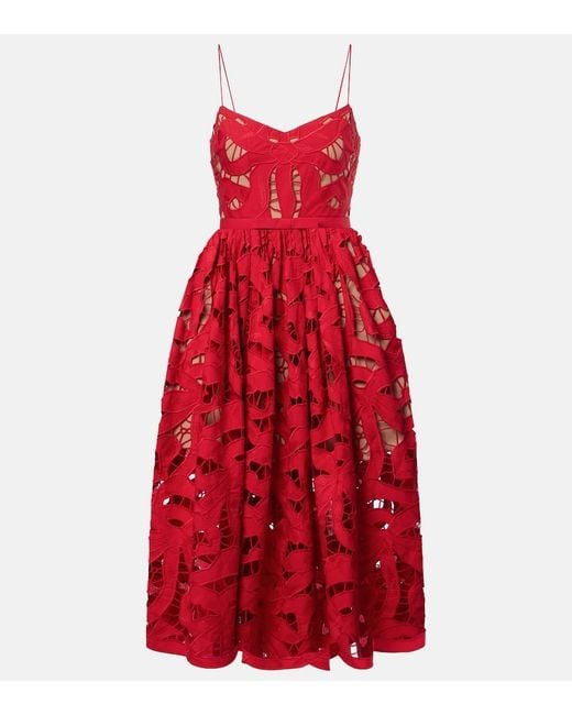Self-Portrait Red Bow Lace Linen And Cotton Midi Dress