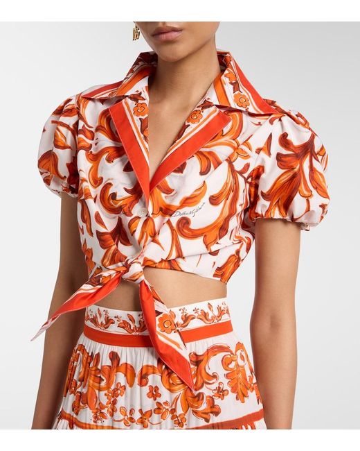 Dolce & Gabbana Red Majolica Cropped Cotton Poplin Blouse