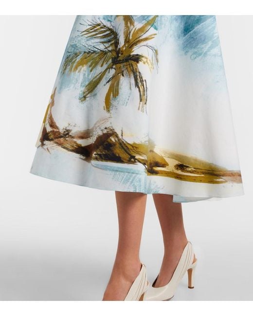 Oscar de la Renta Blue Printed Cotton-Blend Poplin Midi Skirt