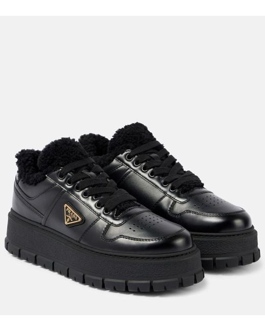 Prada Black Shearling-Lined Leather Platform Sneakers