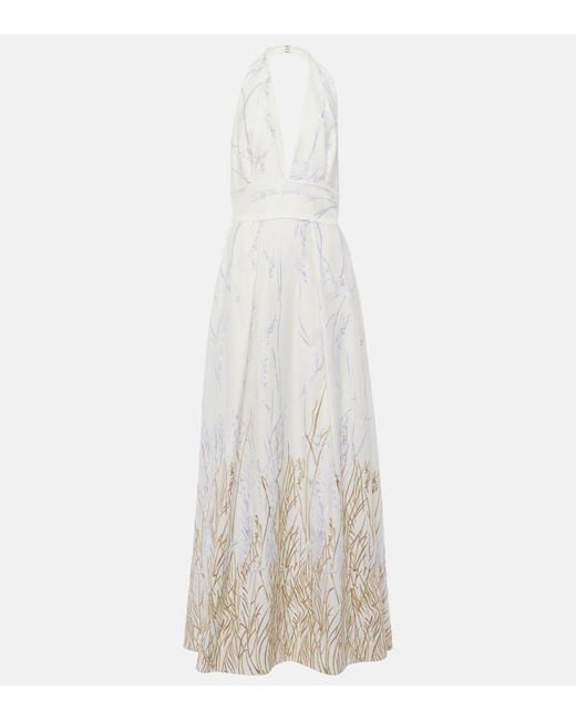 Elie Saab White Embroidered Halterneck Cotton-Blend Gown