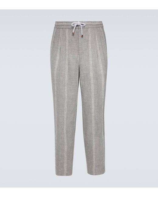 Pantalon droit raye en lin, laine et soie melanges Brunello Cucinelli pour homme en coloris Gray