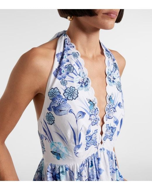 Camilla Blue Embellished Halterneck Cotton Poplin Maxi Dress
