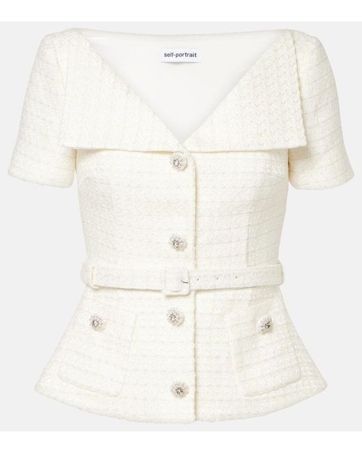 Self-Portrait White Belted Boucle Top