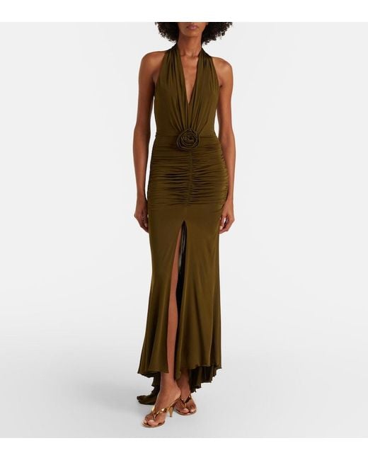 Blumarine Green Floral-Applique Ruched Maxi Dress