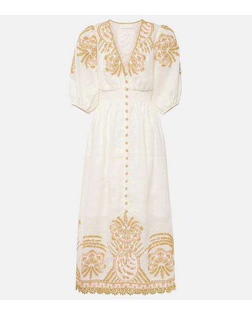 Zimmermann Natural Waverly Embroidered Linen Midi Dress
