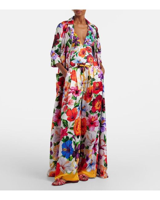 Dolce & Gabbana Red Floral Silk-Blend Satin Palazzo Pants