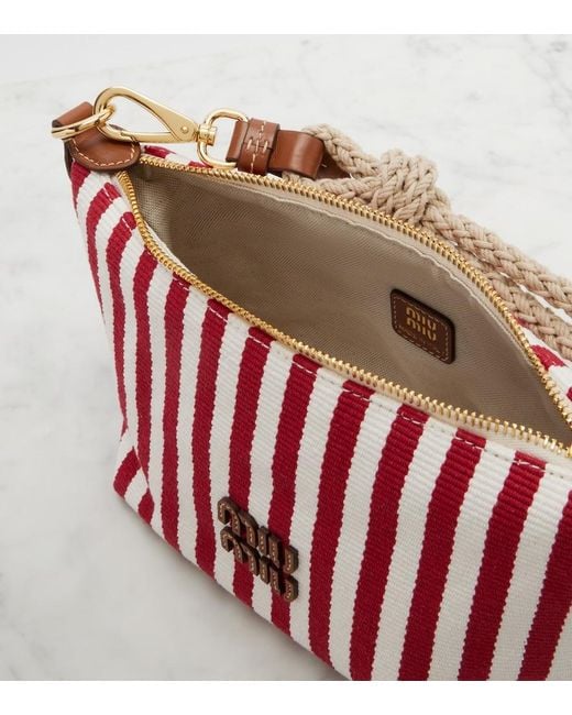 Miu Miu Red Striped Leather-Trimmed Top-Handle Bag