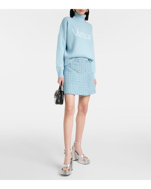 Versace Blue Wool-blend Boucle Tweed Miniskirt