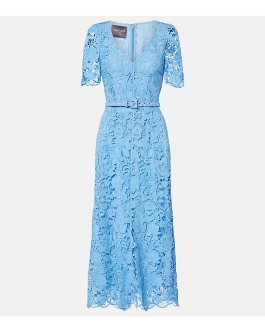 Monique Lhuillier Blue Belted Lace Midi Dress
