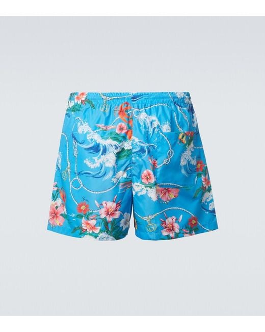 Gucci Blue Printed Poplin Swim Trunks for men