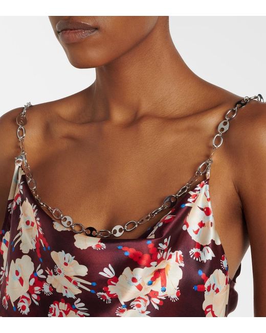 Rabanne Red Chain-Detail Floral Silk Satin Top
