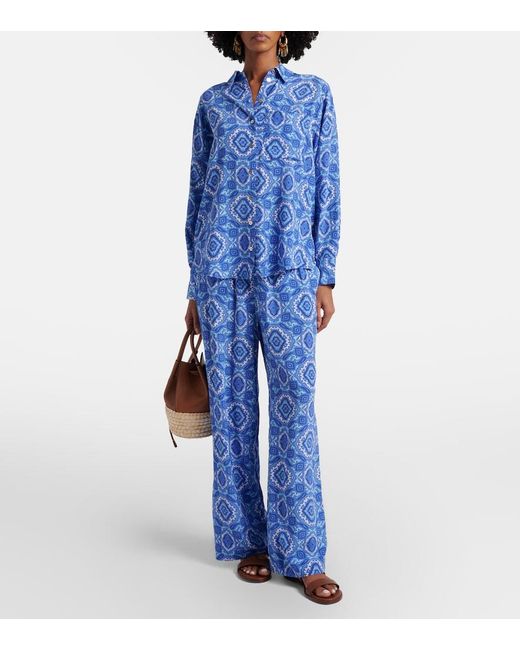 Heidi Klein Blue Mykonos Printed Silk Wide-Leg Pants
