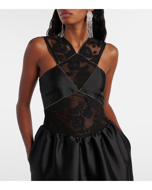 Self-Portrait Black Floral Lace-Trimmed Taffeta Maxi Dress
