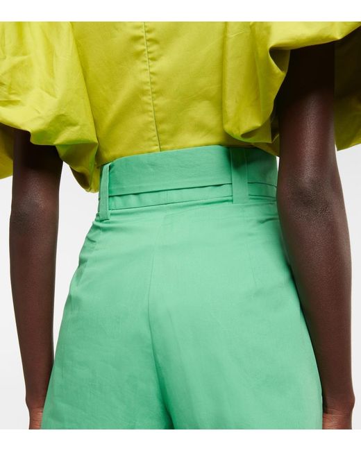 Oscar de la Renta Green High-Rise Wide-Leg Cotton Shorts