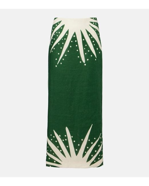 Cala De La Cruz Green Bruna Printed Linen Midi Skirt