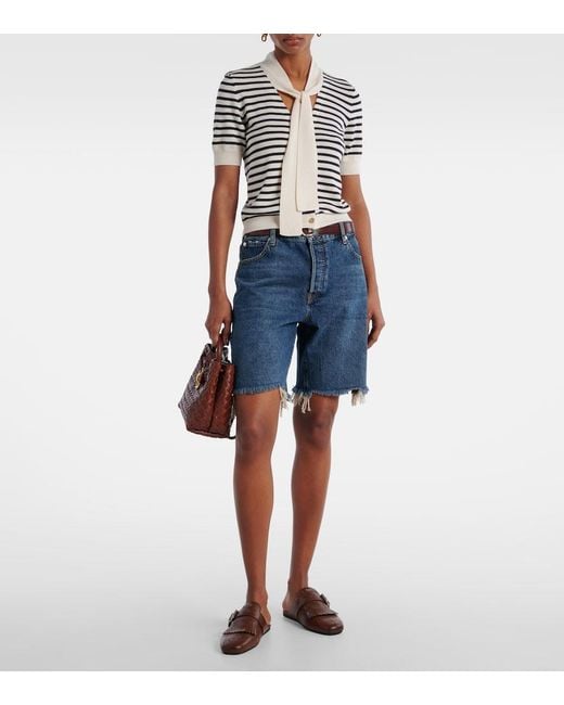 FRAME Blue Deconstructed High-Rise Denim Shorts