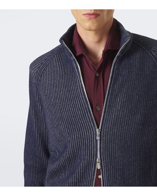Brunello Cucinelli Blue Ribbed-Knit Zip-Up Cashmere Sweater for men