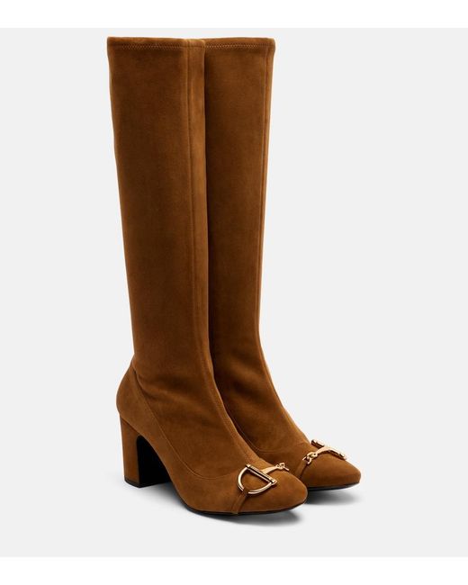 Gucci Brown Alfa Horsebit 75 Suede Knee-High Boots