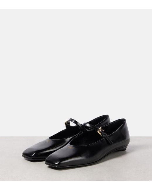 Prada Black Brushed Leather Mary Jane Flats