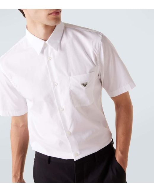Prada White Logo Cotton Poplin Bowling Shirt for men