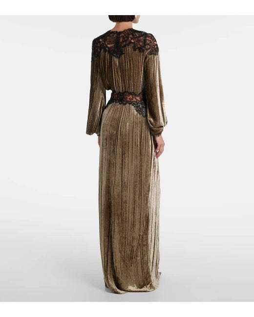 Costarellos Gray Senna Lace-Trimmed Plisse Velvet Gown