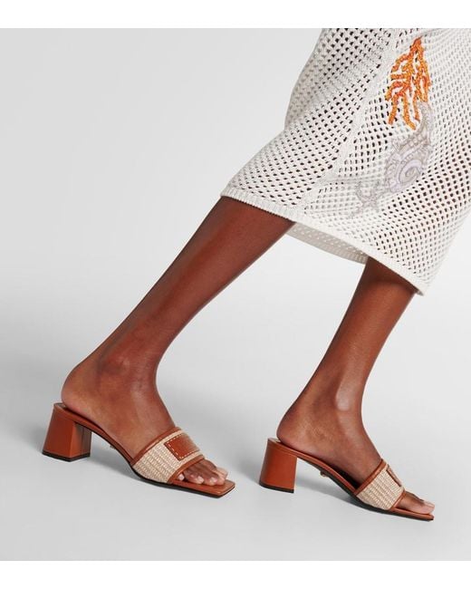Versace Brown Theia Barocco Leather-Trimmed Raffia Mules