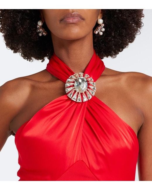 David Koma Red Embellished Halterneck Satin-Trimmed Gown