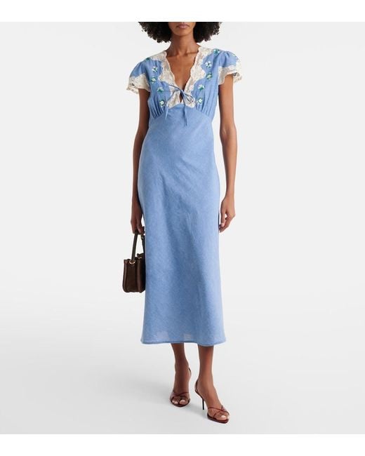Rixo Blue Amari Floral Lace-Trimmed Midi Dress