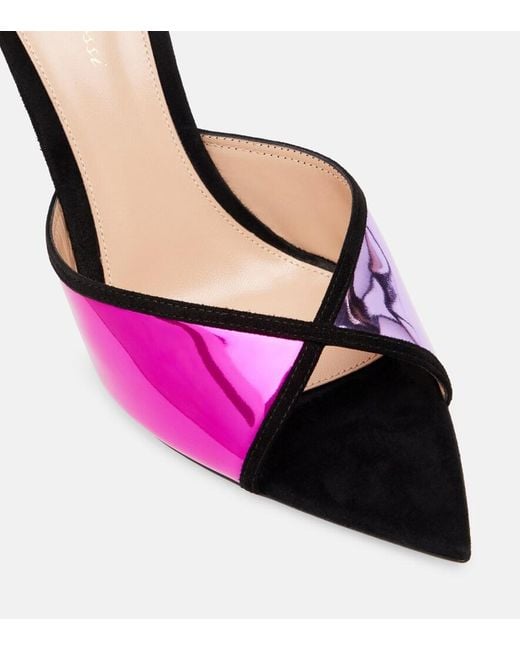 Gianvito Rossi Pink Confetti Suede-Trimmed Metallic Leather Mules