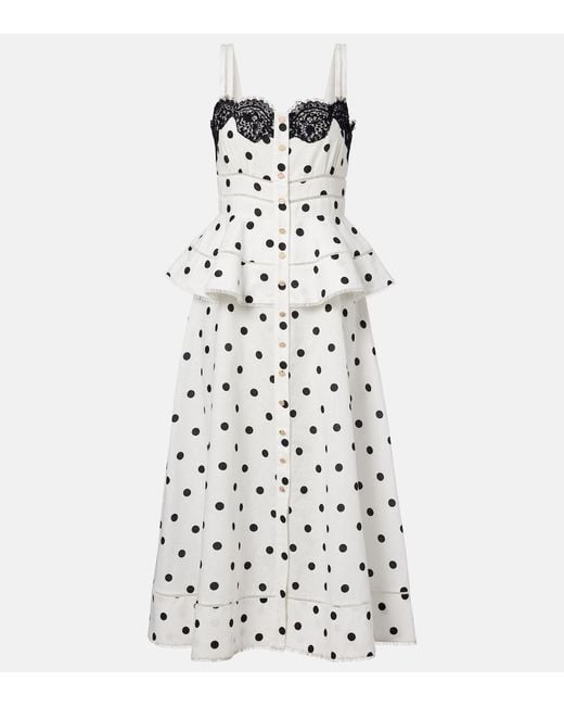 Self-Portrait White Polka-Dot Linen And Cotton Midi Dress