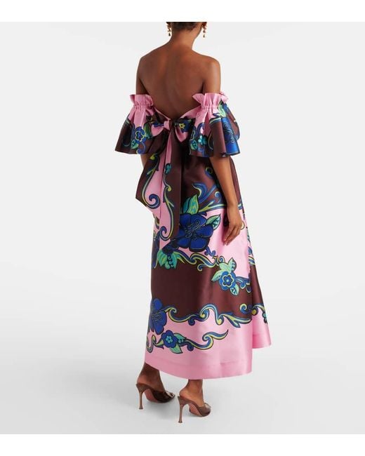 ALÉMAIS Multicolor Floral Off-Shoulder Satin Maxi Dress