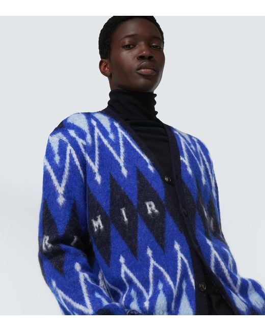 Amiri Blue Argyle Alpaca And Mohair-Blend Cardigan for men