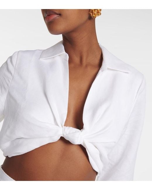 Adriana Degreas White Knot-Detail Linen Blend Crop Top
