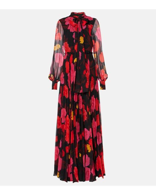 Erdem Red Floral Pleated Voile Gown
