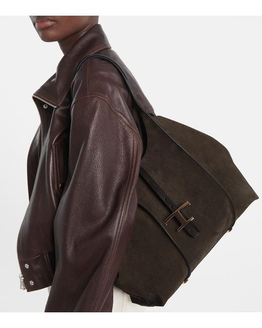Tod's Black T Timeless Medium Suede Tote Bag