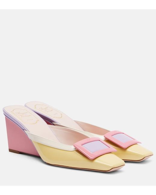 Roger Vivier Pink Belle Vivier 60 Patent Leather Wedge Mules
