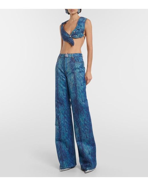 Area Blue Embellished Fur-Print Flared Jeans