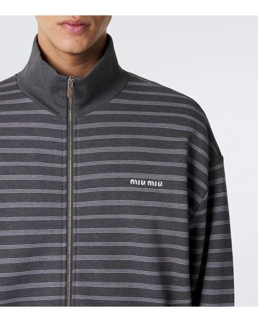 Miu Miu Gray Striped Oversized Cotton Fleece Sweatshirt for men