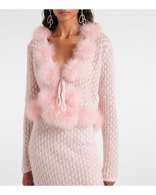 Blumarine Pink Feather-Trimmed Mohair And Wool-Blend Cardigan