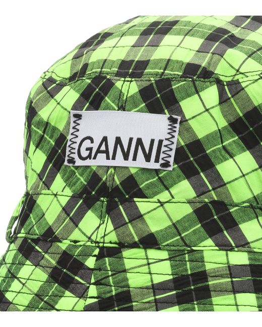 Ganni Checked Seersucker Hat in Green | Lyst