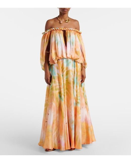 Zimmermann Metallic Luna Off-Shoulder Printed Silk Chiffon Gown